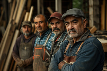 Fototapeta premium Photography of a Turkey group of professional carpentry and wood workers in the workspace, the team manager is in front.