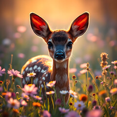 Fawn in a wildflower meadow in spring. Edited AI generated image