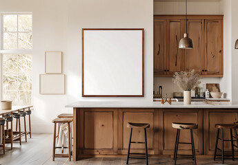 Rustic farmhouse kitchen with warm wooden cabinets, blank frame for wall art mock-up, stools, pendant lighting, and natural light creating a cozy and inviting ambiance