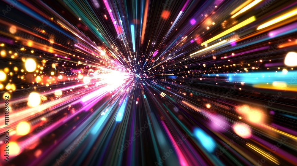 Poster a vibrant burst of light and color, symbolizing energy and motion through a dynamic space.