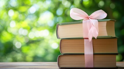 Stack of Books Tied with a Pink Ribbon on Wooden Surface Against Blurred Nature Background