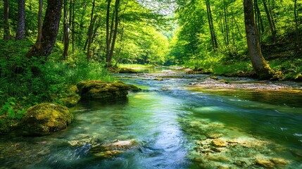 Obraz premium Tranquil Forest Landscape with Clear Stream Flowing Through Lush Greenery and Sunlit Trees in a Peaceful Natural Setting Surrounded by Scenic Beauty