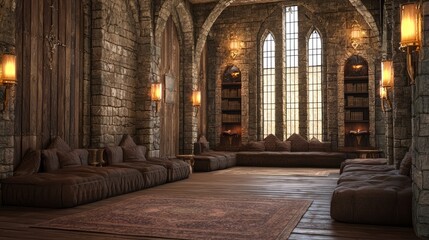 Obraz premium Cozy Modern-Medieval Lounge with Rustic Charm for Warm Gatherings | Ultra-Detailed Interior Design Concept
