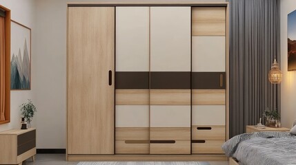 Modern Bedroom Wardrobe with Sliding Doors and Neutral Tones