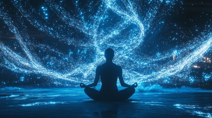 Obraz premium man meditate dark blue abstract circle background, yoga. beam. ray, digital cyber security Blue abstract hi speed internet technology background 