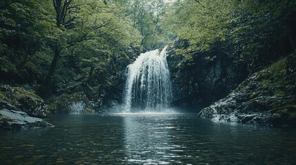 Fototapeta premium Serene Waterfall Cascading into Tranquil Pool Surrounded by Lush Green Forest and Peaceful Nature in Beautiful Natural Landscape
