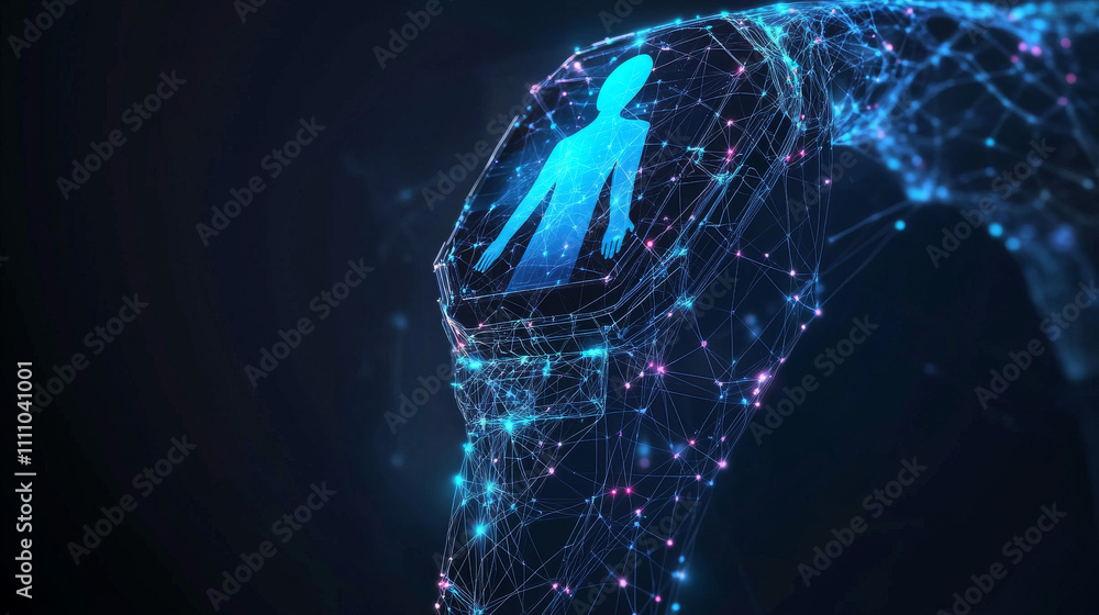 Poster smart watch on your hand with a hologram of a person. a gadget with artificial intelligence. polygon