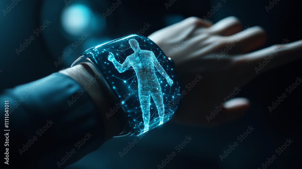Poster smart watch on your hand with a hologram of a person. a gadget with artificial intelligence. polygon