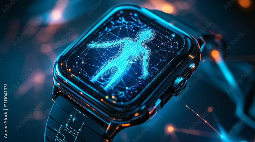 Poster smart watch on your hand with a hologram of a person. a gadget with artificial intelligence. polygon