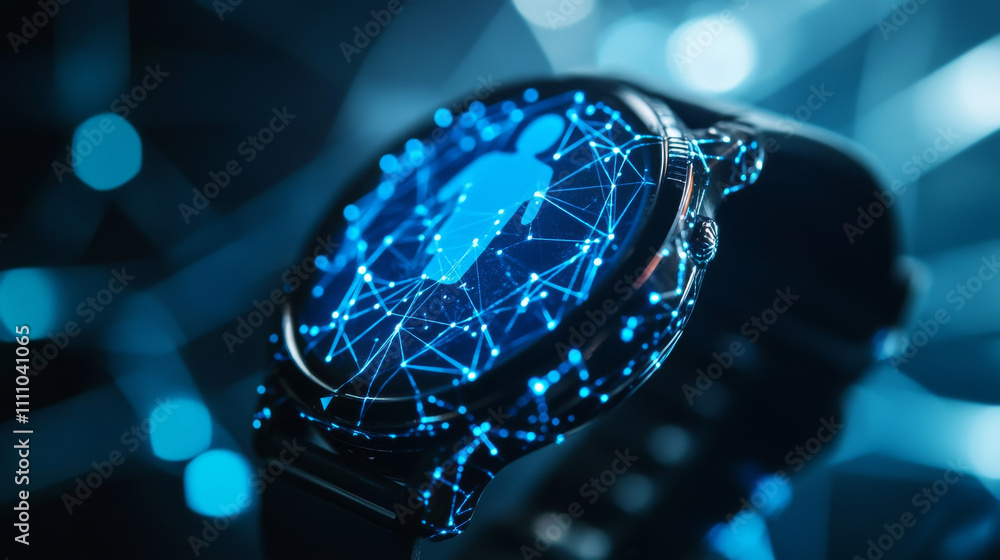 Poster smart watch on your hand with a hologram of a person. a gadget with artificial intelligence. polygon