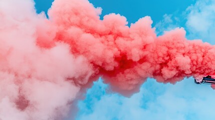 Fototapeta premium Vibrant pink smoke billows against a clear blue sky, creating a stunning visual spectacle of color and motion.
