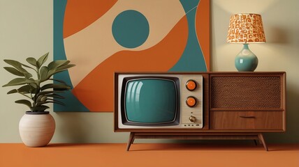 A high-quality generative illustration of a vintage 1970s analog TV with curved edges and manual dials, placed on a mid-century modern TV stand. Beside it is a table lamp with a geometric design lamps