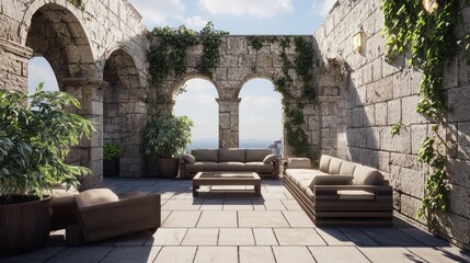 Naklejka premium Majestic Fusion - Luxurious Rooftop Terrace with Modern-Medieval Design | Photorealistic Image of Relaxing Outdoor Space