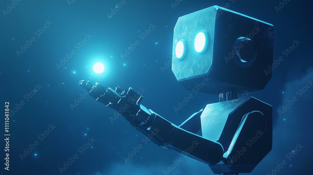 Poster a low-poly humanoid robot. touch a point of light. artificial intelligence. blue background.