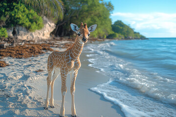 Obraz premium Baby Giraffe Stands On A Tropical Beach