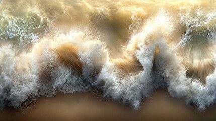 Dynamic Ocean Waves Crashing on Shoreline at Sunset in Warm Tones