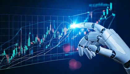Cyborg, robot hand taps finger on chart displaying forex, stock exchange, trading data, market trends, analysis, graphs, financial, technology, digital, stock prices, investments, economics, automatio