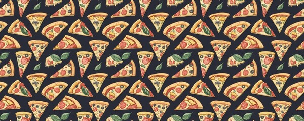 seamless pattern of Delicious pizza slices pattern yellow beige red dark background appetizing food illustration 