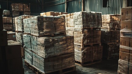 Stacked Wooden Pallets Loaded with Cardboard Boxes in a Warehouse, Capturing the Essence of Logistics, Storage Organization, and Industrial Operations