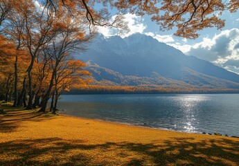 Tranquil Autumn Landscape with Vibrant Fall Foliage and Serene Lake Reflections Surrounded by Majestic Mountains Under a Beautiful Cloudy Sky