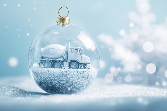 Transparent Christmas ball with concrete truck mixer inside it. Ai generative art