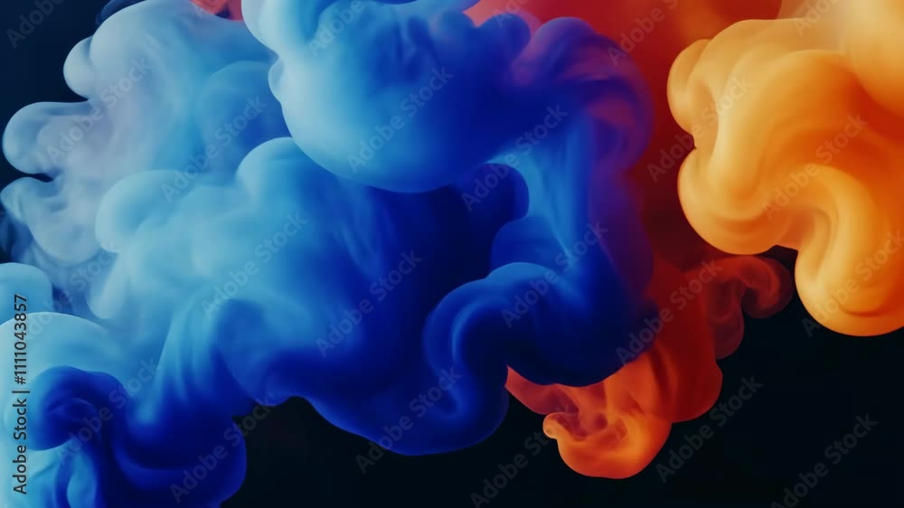 Poster vibrant blue and orange smoke swirls gracefully in dark background creating a dynamic abstract displ