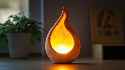 Carved wood flame lamp illuminates a table.