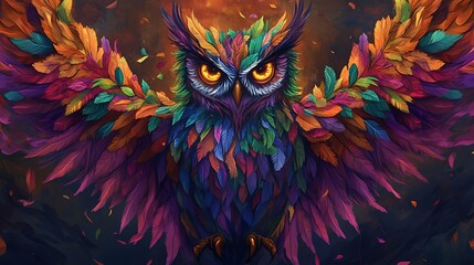 Fototapeta premium Colorful owl with vibrant feathers, intense gaze, dark background.