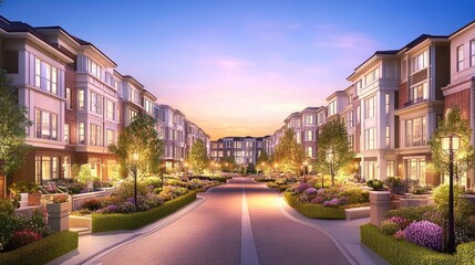 Modern Residential Community at Dusk with Vibrant Landscape