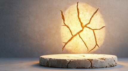 Illuminated Cracked Orb on Rustic Stone Pedestal Abstract Display