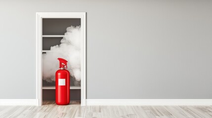 Obraz premium A red fire extinguisher is positioned in an open cupboard, surrounded by white smoke, showcasing fire safety equipment in a minimalistic room.