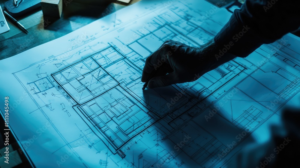 Poster detailed architectural blueprint with human hand using a pencil to create precise lines and shapes i
