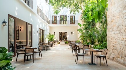 Tropical hotel courtyard restaurant