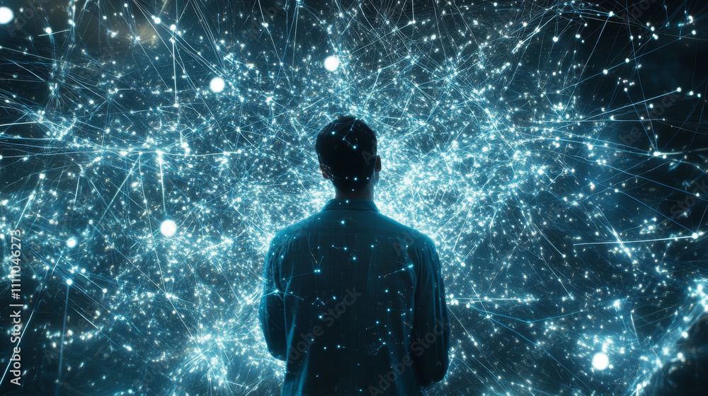 Poster man wearing virtual reality glasses in the center of the metaverse. coming from the sphere of the tr