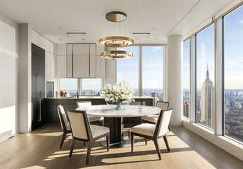 Fototapeta premium Luxurious dining room with panoramic city skyline views, a round marble table, elegant chairs, and contemporary chandeliers in a sophisticated open-plan setting