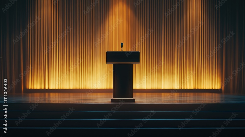 Poster a dramatic stage setup featuring a black podium with a microphone against a background of glowing am