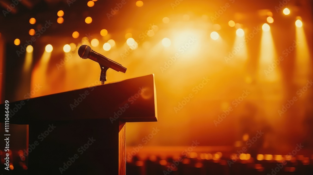 Poster a dramatic stage setting with a microphone and spotlight ready for a performance or speech event in 