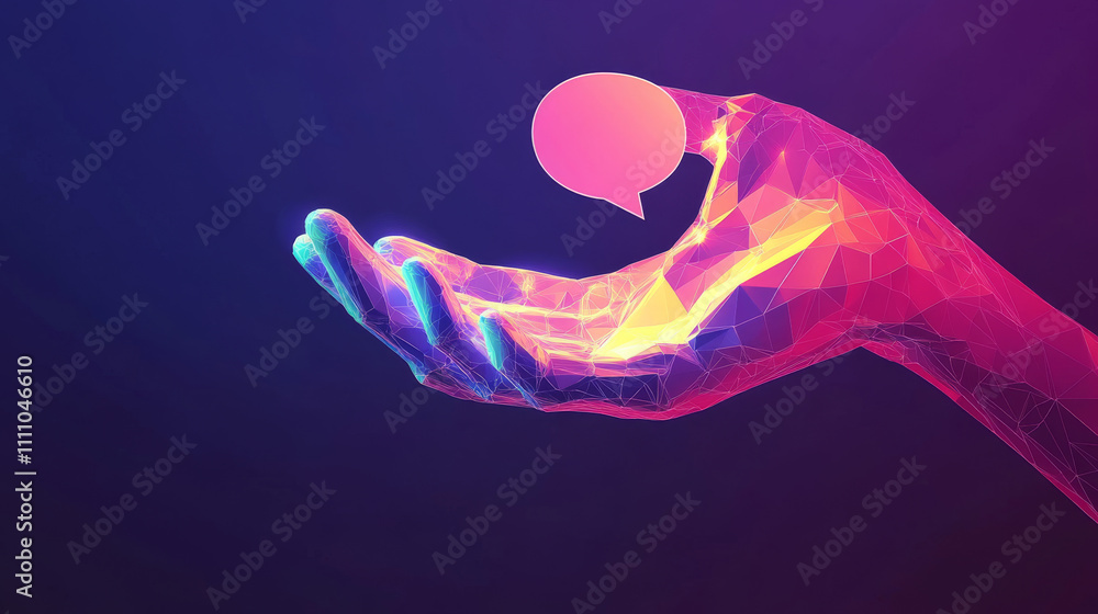 Poster chat bot assistance. polygonal bubble speech in digital hand. ai chatbot service, virtual assistant 