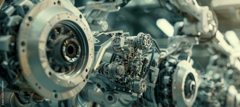 Poster advanced robotic arms assembling car drivetrain components on high-tech assembly line