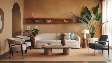 A living room with a couch, a table, and a plant in the corner and interior design concept.