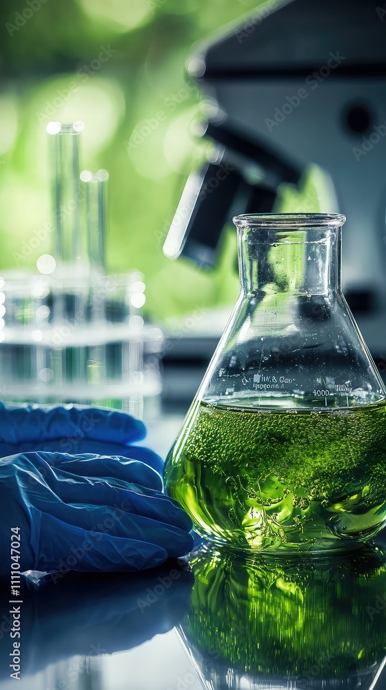 Poster laboratory experiment with green liquid in flask, microscope in background, scientist's gloved hand,