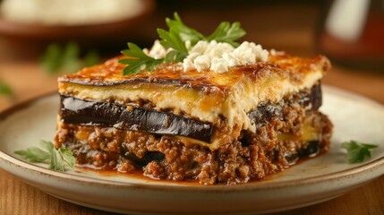 Photo of, A tantalizing plate of Greek moussaka layered with eggplant, ground lamb