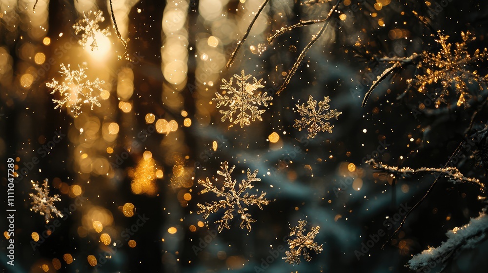 Poster enchanting winter scene with golden snowflakes falling through a magical forest of glimmering lights