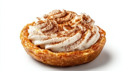 Fototapeta premium Deliciously Creamy Dessert with Whipped Topping and Sprinkle of Cocoa in a Flaky Crust Perfect for Sweet Treats and Special Occasions on a White Background
