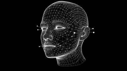 Face recognition technology. Vector 3d geometric wireframe of human head on dark blue background with network of connecting dots and lines, symbolizing face scan, digital connections and security