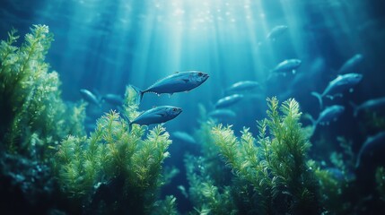 Fototapeta premium Underwater Scene with Swirling Schools of Fish and Lush Green Seaweed Bathed in Sunlight Rays Illuminating the Ocean Depths