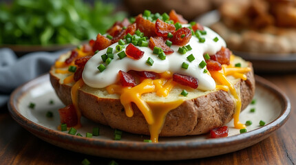 Create an image of a loaded baked potato topped with sour cream, bacon, cheese, chives, and ranch dressing, served on a rustic plate with a side of greens in a cozy setting.