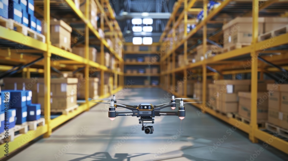 Poster smart drone navigating warehouse aisle for real-time inventory management and data collection