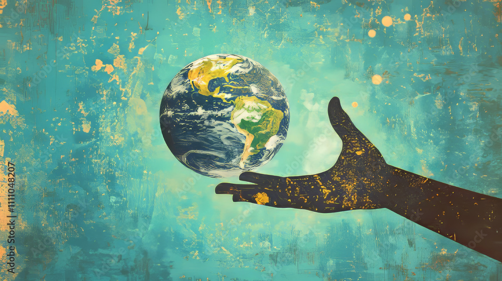 Poster global access to the internet space. hand connects to the digital planet earth. polygonal design of 