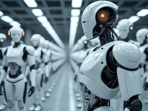 An army of white artificial intelligent robot 